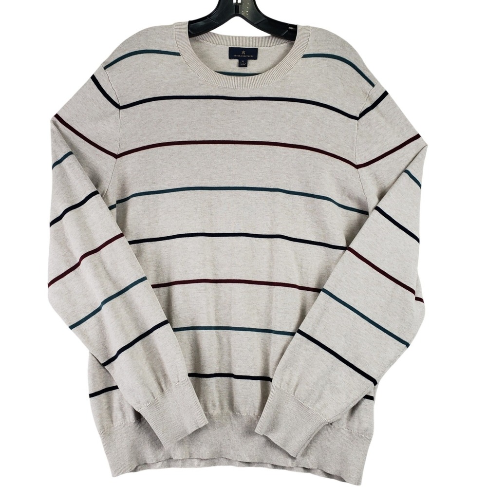 Brooks Brothers Sweater Mens XL Beige Striped Cotton Preppy Old Money Classic